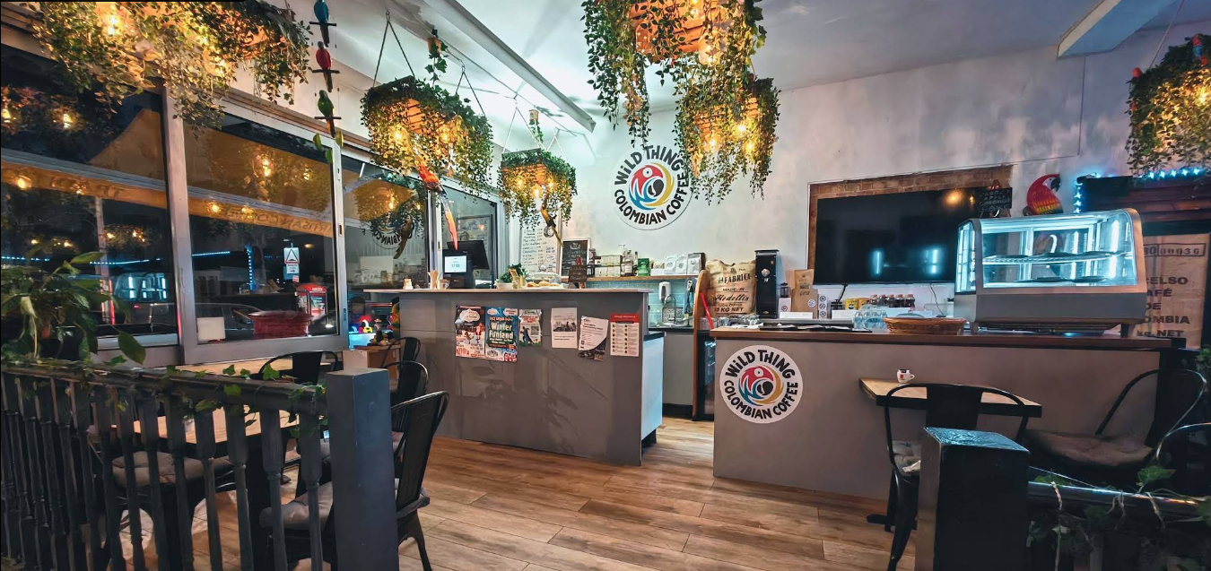 Interior seating with hanging plants at Wild Thing, West Ealing