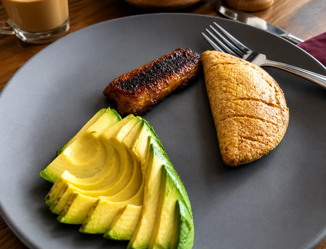 Arepa with sweet plantain and avocado, served with coffee