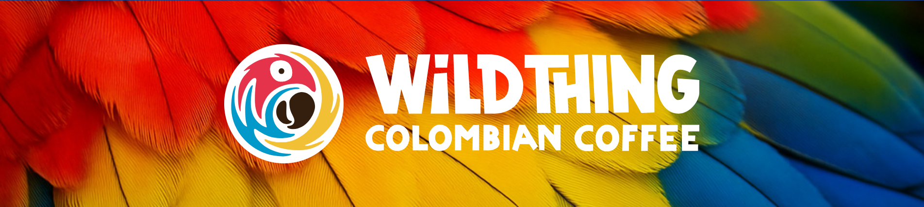 Wild Thing Colombian Coffee logo over vivid macaw feathers
